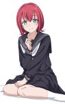  1girl absurdres aqua_eyes black_sailor_collar black_serafuku closed_mouth hair_between_eyes highres kurosawa_ruby long_sleeves looking_at_viewer love_live! love_live!_sunshine!! neckerchief red_hair sailor_collar school_uniform serafuku short_hair short_twintails sitting smile socks solo tsmkn26 twintails wariza white_background white_neckerchief white_socks 