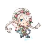  ahoge black_pantyhose blue_eyes braid chibi fairy_wings fire_emblem fire_emblem_fates fire_emblem_heroes flower green_bracelet hair_flower hair_ornament hairband highres long_hair low_twin_braids nina_(fire_emblem) nina_(resplendent)_(fire_emblem) one_eye_closed pantyhose parted_bangs sifil_amfr swept_bangs tongue tongue_out twin_braids white_hair wings 