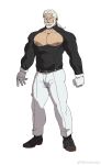  1boy bara bare_pectorals breast_cutout check_copyright copyright_request frown full_body gloves highres konohanaya large_pectorals long_hair looking_ahead low_ponytail male_focus mature_male muscular muscular_male nipples old old_man original pants pectorals shirt solo standing strongman_waist tachi-e thick_eyebrows tight_clothes tight_shirt white_background white_hair 