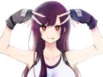  1girl arms_up bare_shoulders black_gloves breasts collarbone commentary_request final_fantasy final_fantasy_vii fingerless_gloves gloves highres hoshino_ai&#039;s_pose hoshino_ai_(oshi_no_ko) large_breasts long_hair oshi_no_ko parted_bangs purple_hair red_eyes ribaton1213 simple_background solo symbol-shaped_pupils tifa_lockhart upper_body white_background 