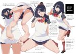  1girl bare_arms bare_legs barefoot black_hair black_shirt black_skirt blue_eyes blunt_bangs bow bow_panties bowtie brown_footwear cameltoe feet gridman_universe hair_ornament hair_scrunchie hand_on_hip high_ponytail kneehighs kuro_(toi_et_moi) legs looking_at_viewer looking_back mary_janes multiple_views no_shoes orange_scrunchie panties pleated_skirt red_bow red_bowtie reference_sheet scrunchie shirt shoes short_sleeves simple_background sitting skirt socks soles ssss.gridman sweater_vest takarada_rikka toes underwear v white_background white_bow white_panties white_sweater_vest yokozuwari 