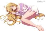  1girl absurdres barefoot blonde_hair blush closed_mouth collarbone dress embarrassed feet hair_between_eyes highres hikikomari_kyuuketsuki_no_monmon long_hair looking_at_viewer lying megami_magazine official_art on_side pajamas pointy_ears red_eyes scan simple_background sleepwear solo strapless strapless_dress terakomari_gandezblood thighs toes very_long_hair white_background white_dress 