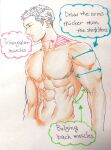  1boy abs absurdres anatomy arms_at_sides arrow_(symbol) closed_eyes colored_pencil_(medium) cropped_torso english_text guide highres how_to large_pectorals male_focus muscular muscular_male no_nipples original outstretched_arms pectorals photo_(medium) solo traditional_media yoshimura_takuya 