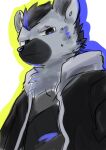  2023 anthro arknights black_body black_fur black_hair blue_hair clothed clothing eyebrow_piercing facial_piercing fur grey_body grey_fur hair hi_res hyena hypergryph jacket looking_at_viewer male mammal mimizuku_kemo open_clothing open_jacket open_topwear piercing shirt solo spot_(arknights) spotted_hyena studio_montagne t-shirt topwear 