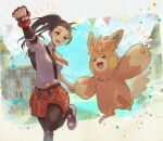  1girl :d black_hair black_pantyhose blue_sky brown_eyes collared_shirt gloves green_hair highres holding_hands long_hair multicolored_hair naranja_academy_school_uniform necktie nemona_(pokemon) open_mouth orange_eyes orange_necktie orange_shorts pantyhose pawmot pokemon pokemon_(creature) pokemon_sv ponytail school_uniform shirt short_sleeves shorts single_glove sky smile streaked_hair two-tone_hair youmicitrustea 