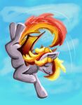  back_flip bat_pony equid eyes_closed feral flying grey_body gyrotech hair hasbro hi_res mammal my_little_pony orange_hair sky solo 