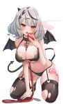  1girl ass_visible_through_thighs bat_bra between_breasts bikini black_collar black_hair black_thighhighs blunt_bangs blush braid breasts collar contrapposto demon_girl demon_tail demon_wings dienot0 fang french_braid garter_straps grey_hair hair_ornament heart heart-shaped_pupils heart_o-ring highres holding hololive kneeling large_breasts leash leg_tattoo looking_at_viewer love_potion medium_hair multicolored_hair navel o-ring o-ring_legwear open_mouth potion red_eyes sakamata_chloe simple_background skin_fang skindentation solo stomach streaked_hair string_bikini sweatdrop swimsuit symbol-shaped_pupils tail tattoo thighhighs torn_clothes torn_thighhighs virtual_youtuber white_background wings x_hair_ornament 