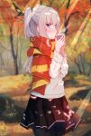  1girl absurdres alternate_costume autumn black_pantyhose blue_eyes blurry blurry_background blush charlotte_(anime) commentary cup day english_commentary enpera eyelashes eyes_visible_through_hair forest from_side grey_hair hair_between_eyes hands_up highres holding holding_cup light_rays long_hair long_sleeves looking_at_viewer miniskirt nature outdoors pantyhose pleated_skirt profile red_scarf red_skirt scarf school_uniform sidelocks signature skirt solo standing steam sunbeam sunlight sweater tomori_nao two_side_up uniform unstableboiler white_sweater 