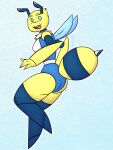  antennae_(anatomy) anthro arthropod bee cat_smile clothing female hi_res hymenopteran insect insect_wings leotard looking_back mane pointed_feet r3znor_x simple_background smile solo stinger stinger_tail thick_thighs tooth_gap wings yellow_body 