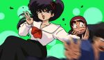  1girl 2boys black_hair black_skirt breasts brother_and_sister circle green_background hair_between_eyes kunou_kodachi kunou_tatewaki multiple_boys ninja open_mouth ranma_1/2 sarugakure_sasuke siblings simple_background skirt teeth upper_teeth_only v wanta_(futoshi) 