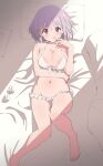  1girl :q absurdres barefoot bed_sheet bikini breasts commentary_request frilled_bikini frills gridman_universe highres large_breasts looking_at_viewer lying on_back pillow purple_hair red_eyes shinjou_akane short_hair sincos solo ssss.gridman swimsuit toes tongue tongue_out white_bikini 