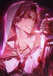 1boy blood brown_hair circlet dark-skinned_male dark_skin fire_emblem fire_emblem_engage fogado_(fire_emblem) gingx02 grin highres holding holding_knife holding_weapon jewelry knife male_focus necklace purple_eyes shirt short_hair smile solo weapon 