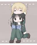  2girls ahoge black_eyes black_hair blonde_hair book brown_footwear chito_(shoujo_shuumatsu_ryokou) closed_eyes facing_viewer full_body fur-trimmed_jacket fur_trim gloves green_jacket green_pants grey_background grey_gloves highres holding holding_book holding_pen hug hug_from_behind jacket kanikan kneeling letterboxed long_hair long_sleeves looking_at_viewer low_twintails military_uniform multiple_girls open_book open_mouth pants pen shoes shoujo_shuumatsu_ryokou simple_background sitting twintails uniform yuuri_(shoujo_shuumatsu_ryokou) 