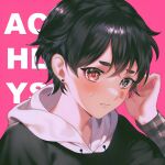  1boy black_eyes black_hair commentary_request earrings fyirkingdomsis heterochromia highres hood hoodie jewelry male_focus original pink_background plaid portrait red_eyes solo stud_earrings sweatdrop thai_commentary 