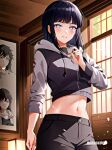  1girl ai-generated artist_request blue_hair blush dark_blue_hair highres hyuuga_hinata jacket long_hair looking_at_viewer midriff naruto naruto_(series) naruto_shippuuden no_pupils non-web_source smile source_request tagme white_eyes 