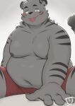  2023 anthro belly big_belly blue_eyes blush condom condom_in_mouth felid hi_res humanoid_hands kemono lick1832 male mammal moobs navel nipples object_in_mouth overweight overweight_male pantherine sexual_barrier_device solo tiger white_body 