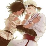  1boy 1girl black_hair black_headband blonde_hair closed_eyes forehead_protector headband hetero japanese_clothes jigokuraku kesyeru kimono laughing looking_at_another medium_hair nurugai open_mouth short_hair white_background white_kimono yamada_asaemon_tensa 