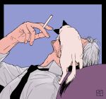  1boy animal_on_face artist_logo black_necktie cat chainsaw_man cigarette collared_shirt facing_up grey_hair holding holding_cigarette kishibe_(chainsaw_man) kitunejima meowy_(chainsaw_man) necktie shirt short_hair stitched_mouth stitches undercut white_cat white_shirt 