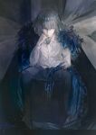  1boy absurdres arthropod_boy blue_eyes cape collared_shirt crown diamond_hairband dragonfly_wings elbow_rest fate/grand_order fate_(series) full_body fur-trimmed_cape fur_trim grey_hair head_rest highres insect_wings long_sleeves looking_at_viewer male_focus manspreading medium_hair oberon_(fate) oberon_(third_ascension)_(fate) shirt sitting solo straight-on tamago_nashi white_shirt wings 