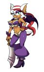  2017 anthro bandanna bat breasts cleavage clothed clothing cosplay crossover crossover_cosplay ear_piercing ear_ring eyeshadow female footwear fur kerchief lipstick looking_at_viewer makeup mammal melee_weapon mightymorg narrowed_eyes navel piercing ring_piercing risky_boots rouge_the_bat sega shantae_(series) solo sonic_the_hedgehog_(series) sword tan_body tan_skin wayforward weapon white_body white_fur wings 