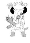  3_toes 4_fingers absurd_res anthro bottomwear bow_tie claws clothed clothing digital_media_(artwork) eyelashes fangs feet female fingers fur hair hair_over_eye hi_res hyena japanese_text jk_(kemokin_mania) kemokin_mania looking_at_viewer mammal monochrome one_eye_obstructed open_mouth shirt simple_background sketch skirt smile solo spots spotted_hyena standing tail teeth text toes tongue topwear translation_request white_clothing 