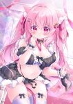  1girl animal_ear_fluff animal_ears black_bow black_bowtie blush bow bowtie breasts cat_ears cat_tail cherry_hair_ornament chiika_(cure_cherish) cleavage detached_sleeves food-themed_hair_ornament hair_ornament highres lingerie long_hair original pink_eyes pink_hair solo tail thighhighs twintails underwear very_long_hair white_thighhighs wrist_cuffs 