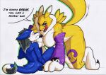  anthro bandai_namco black_sclera blue_eyes breasts canid claws digimon digimon_(species) dominant dominant_female duo eyeshadow female fur hi_res larger_female makeup male male/female mammal nipples renamon rotten_owl sergal simple_background size_difference traditional_media_(artwork) tuft white_background white_body white_fur yellow_body yellow_fur 