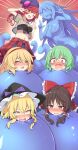  alice_margatroid ball bdsm blonde_hair blue_skin blush bondage bound bow braid breasts brown_hair colored_skin crying defeat double_v e.o. green_hair hair_bow hairband hakurei_reimu hat hat_bow hecatia_lapislazuli japanese_clothes kazami_yuuka kidnapped kirisame_marisa long_hair looking_at_viewer medium_hair midriff miko miniskirt monster_girl navel nipples nude official_alternate_costume open_mouth puffy_short_sleeves puffy_sleeves purple_bow red_bow red_hair scared short_hair short_sleeves skirt slime_girl touhou touhou_lost_word v witch_hat 