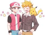  2boys :d belt belt_buckle blonde_hair blue_oak blush brown_eyes brown_hair buckle closed_mouth commentary_request hat holding_hands jacket jewelry male_focus mochi_(mocchi_p_2m) multiple_boys necklace on_shoulder pants pikachu pink_headwear pink_vest pokemon pokemon_(creature) pokemon_(game) pokemon_hgss pokemon_on_shoulder red_(pokemon) shirt short_hair short_sleeves smile teeth upper_teeth_only vest white_shirt wristband 