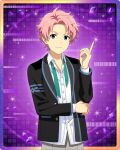  1boy blue_eyes collared_shirt fingernails idolmaster idolmaster_side-m idolmaster_side-m_growing_stars index_finger_raised kabuto_daigo long_sleeves looking_at_viewer male_focus necktie official_art pink_hair school_uniform shirt smirk solo undone_necktie 