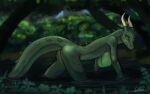  absurd_res anthro dragon female green_body green_scales hi_res horn nude pond scales solo water yonivi 