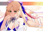  1girl ahoge artoria_caster_(fate) artoria_caster_(swimsuit)_(fate) artoria_pendragon_(fate) bare_shoulders blonde_hair blue_one-piece_swimsuit blue_ribbon blush bow breasts cleavage detached_sleeves facial_mark fate/grand_order fate_(series) forehead_mark green_eyes hair_bow long_hair looking_at_viewer medium_breasts one-piece_swimsuit ribbon smile solo swimsuit thighs twintails uxco0 very_long_hair white_ribbon white_sleeves wide_sleeves 