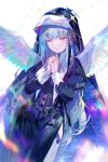 1girl angel_wings black_shirt blurry closed_eyes closed_mouth cowboy_shot depth_of_field diamond_(shape) facing_viewer fuzichoco grey_hair habit highres iridescent juliet_sleeves light_particles long_hair long_sleeves multicolored_wings nun o-ring original own_hands_together praying puffy_sleeves shirt signature smile solo thighhighs white_background wings 