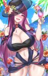  1girl :d absurdres bandeau bare_shoulders black_headwear blue_sky blush breasts cleavage cloud commentary cowboy_shot cup day drinking_glass fire_emblem fire_emblem_engage fire_emblem_heroes flower hand_up hat hat_flower head_tilt hibiscus highres holding holding_cup ivy_(fire_emblem) large_breasts looking_at_viewer mole mole_under_mouth navel nez-box nose_blush official_alternate_costume open_mouth orange_flower pink_flower purple_eyes purple_hair red_flower sky smile solo standing stomach thighs 
