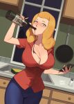  1girl barleyshake beth_smith blue_pants blush bottle breasts cleavage collared_shirt cowboy_shot desk drinking frying_pan highres large_breasts pants red_shirt rick_and_morty salt shadow shirt short_sleeves signature sink sky solo star_(sky) starry_sky window 