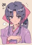  1girl aruhino blue_eyes blue_hair blush closed_mouth commentary_request cropped_torso hair_ribbon hand_up high_ponytail japanese_clothes kamiya_kaoru kimono long_hair pink_ribbon purple_kimono ribbon rurouni_kenshin sidelocks sigh simple_background smile solo upper_body wide_sleeves 