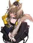  1girl animal_on_head arknights bag beanstalk_(arknights) black_bag black_bra black_collar blush bra braid breasts brown_eyes brown_hair collar crab duffel_bag gloves green_ribbon hair_ribbon hand_up highres hyena_ears hyena_girl hyena_tail in_bag in_container infection_monitor_(arknights) kochiya_(gothope) long_sleeves looking_at_viewer metal_crab_(arknights) on_head open_clothes open_mouth open_shirt ribbon shirt simple_background single_glove small_breasts solo striped striped_shirt underwear v white_background yellow_gloves 