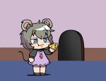  1girl :3 :t animal_ears blue_eyes blush cheese chibi closed_mouth commentary_request cookie_(touhou) dress eating fake_nyon_(cookie) food full_body gem grey_hair grey_shirt jewelry long_sleeves medium_bangs mini_person minigirl mouse_ears mouse_girl mouse_hole mouse_tail nazrin necklace pinafore_dress pink_dress red_gemstone shirt short_hair sleeveless sleeveless_dress smile sn_(zigzagspark6) solo standing tail touhou 