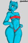  2021 5_fingers anthro artist_name big_breasts bikini blue_eyes blue_hair breasts cartoon_network clothed clothing domestic_cat eyebrows eyelashes felid feline felis female fingers grey_background hair hi_res jwels legs_together mammal midriff navel nicole_watterson nipple_outline short_hair simple_background skimpy solo standing swimwear the_amazing_world_of_gumball 