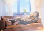  2girls barefoot black_hair blonde_hair camera closed_eyes couch cuddling curtains dark-skinned_female dark_skin day feet highres hug indoors interracial lying medium_hair mercy_(overwatch) multiple_girls overwatch overwatch_2 pants pharah_(overwatch) pillow plant potted_plant shirt sleeping soles sunlight t-shirt toes wavvvvve_golf window yuri 