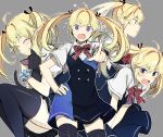  1girl :d ^_^ animal_hug black_thighhighs blonde_hair bow bowtie cat closed_eyes d: e_(eokiba) fang grey_background grisaia_(series) grisaia_no_kajitsu matsushima_michiru multiple_views open_mouth plaid plaid_bow plaid_bowtie pointing pointing_at_viewer profile purple_eyes school_uniform short_sleeves simple_background smile sweatdrop thighhighs twintails v-shaped_eyebrows wavy_mouth zettai_ryouiki 