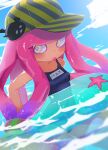  1girl absurdres baseball_cap blue_one-piece_swimsuit blush breasts cloud clownfish drooling fish green_eyes harmony&#039;s_clownfish_(splatoon) harmony_(splatoon) hat highres innertube long_hair looking_at_viewer name_tag old_school_swimsuit one-piece_swimsuit open_mouth outdoors partially_submerged pink_hair ppuna school_swimsuit sky small_breasts splatoon_(series) starfish striped striped_headwear swimsuit tentacle_hair tentacles tropical_fish water 
