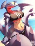  anthro big_breasts blue_body bra breasts clothing cloud day female fin garchomp generation_4_pokemon hand_behind_head hi_res nintendo outside pokemon pokemon_(species) scalie sk3tchk4t sky solo spikes sports_bra tail tail_fin thick_thighs thong underwear wide_hips 