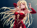  1girl blonde_hair blush breasts cleavage closed_mouth dress fate_testarossa large_breasts long_hair looking_at_viewer lyrical_nanoha mahou_shoujo_lyrical_nanoha_strikers red_dress red_eyes simple_background smile solo sougetsu_izuki underboob upper_body 