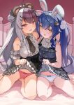  2girls :3 absurdres amamiya_kokoro animal_ears bare_shoulders barefoot bear_ears bear_hair_ornament black_bow black_skirt blue_hair blue_shirt blush bow bow_panties breasts brown_hair brown_hairband brown_necktie center_frills detached_sleeves double_bun fake_animal_ears frills grey_hair grey_shirt grey_skirt hair_bun hair_ornament hairband high-waist_skirt highres lifted_by_self long_hair looking_at_viewer medium_breasts miniskirt multicolored_hair multiple_girls necktie nijisanji official_alternate_costume panties parted_lips petticoat pink_panties plaid_necktie pleated_skirt pom_pom_(clothes) pom_pom_hair_ornament rabbit_ears rabbit_hair_ornament red_eyes shiromochimikan shirt side-tie_skirt sitting skirt sleeveless sleeveless_shirt sleeveless_sweater smile split-color_hair sweater take_your_pick thighs turtleneck twintails underwear very_long_hair virtual_youtuber white_hairband white_panties x_hair_ornament yellow_eyes yorumi_rena yorumi_rena_(11th_costume) 