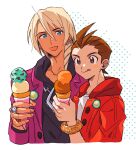  2boys :d :q ace_attorney antenna_hair apollo_justice apollo_justice_(stylin&#039;_street_clothes) badge black_hoodie blonde_hair blue_eyes blush_stickers bracelet brown_eyes brown_hair button_badge buttons closed_mouth dark-skinned_male dark_skin earrings food grgrton hand_up holding holding_food holding_ice_cream hood hood_down hooded_jacket hoodie ice_cream jacket jewelry klavier_gavin lapels looking_at_another male_focus medium_hair multiple_boys necklace open_mouth purple_jacket red_jacket ring shirt short_hair simple_background smile suit_jacket swept_bangs tongue tongue_out upper_body white_background white_shirt 