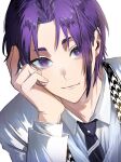  1boy 58hrprtr black_necktie blue_lock closed_mouth collared_shirt hand_up head_rest highres jacket long_sleeves male_focus mikage_reo necktie purple_eyes purple_hair school_uniform shirt short_eyebrows short_hair simple_background solo upper_body white_background white_jacket white_shirt 