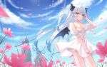  1girl absurdres ahoge bat_wings blue_eyes blue_hair blue_nails blush breasts cleavage cloud dress earrings flower grey_hair hand_in_own_hair highres horns jewelry multicolored_hair null_maru pink_flower pointy_ears ribbon sky standing tail two-tone_hair white_dress white_ribbon windmill wings 