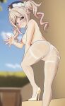  1girl aruman ass barbara_(genshin_impact) bare_shoulders blonde_hair blue_eyes blurry blurry_background blush breasts commentary drill_hair from_behind genshin_impact hand_on_own_knee hand_up hat high_heels highres large_breasts long_hair looking_at_viewer looking_back nipples pantyhose smile solo standing thighs topless twin_drills twintails variant_set waving white_footwear white_pantyhose 