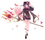  1girl :q ? absurdres black_nails bracelet brown_hair bug butterfly flower flower-shaped_pupils full_body genshin_impact ghost hand_on_headwear hat hat_flower highres holding holding_polearm holding_weapon hu_tao_(genshin_impact) jewelry kneehighs long_hair long_sleeves looking_at_viewer multiple_rings nail_polish polearm red_flower ring shoes short_shorts shorts sidelocks simple_background socks solo spear staff_of_homa_(genshin_impact) symbol-shaped_pupils tassel tongue tongue_out twintails very_long_hair weapon white_background white_socks zippo_(2387576974) 